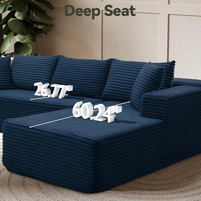 106" Modular Sectional Sofa, Blue Corduroy Cloud Couch with Left Chaise, Deep Seat Boneless Floor Sofa for Living Room, High-Resilience Foam Support, No Assembly Required, Includes Pillows | Sectional Sofa, Corduroy Cloud, Boneless, High-Resilience, No...