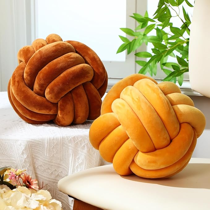Namalu 2 Pcs Soft Knot Pillow Ball, Decorative Round Throw, Soft Knotted Plush Pillows, Handmade Stuffed Ball Pillows Cushion for Bedroom Sofa Couch Home Decor(7.87 Inches,Caramel Color)