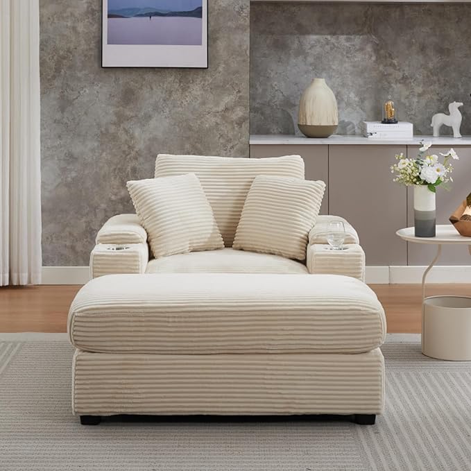 KEIKI Oversized Accent Chair with Ottoman, Chaise Lounge Chair Indoor with Handrail Storage, Cupholders, Oversized Sofa Bed, Deep Seat Sleeper Couch Reading Chairs for Living Room, Beige
