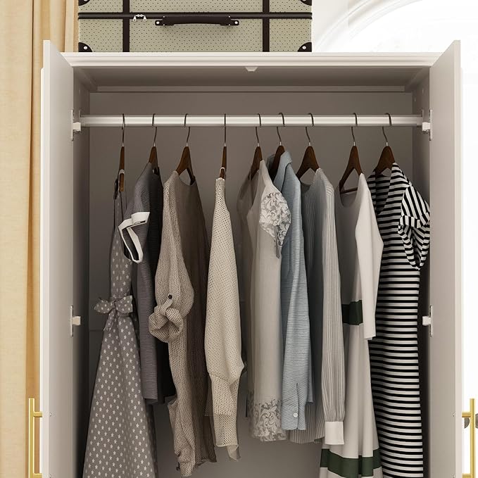 ECACAD White Wardrobe Armoire with 4 Doors, 3-Tier Shelves & Hanging Rod, Wooden Closet Storage Cabinet for Bedroom (30.2”W x 19.3”D x 74.8”H)