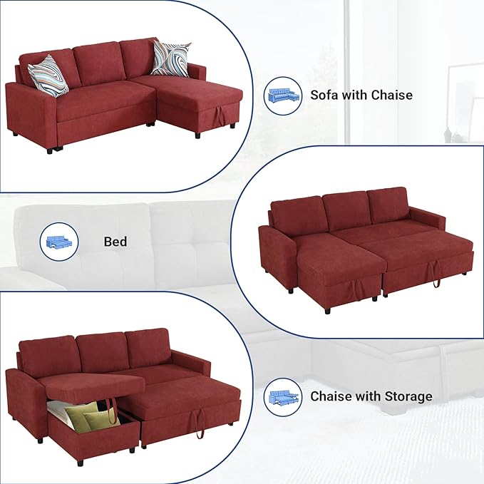 Rovibek 83" Convertible Sofa Bed Couch with Storage - 4 in 1 L Shaped Sofa with Pull Out Couch Bed for Living Room, Apartment, Office, Small Spaces, Red