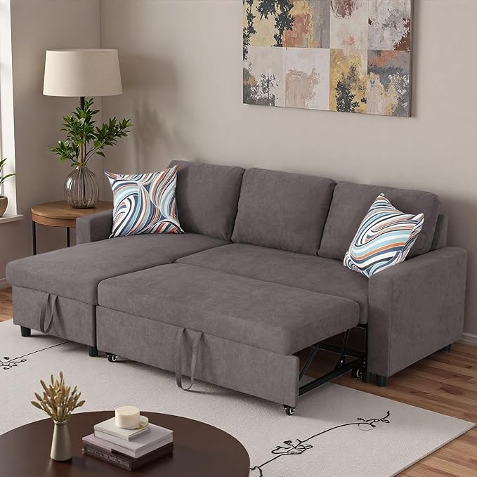 83 Inch Pull Out Couch, Convertible Sofa Bed for Living Room, Comfortable Sleeper Sofa with Pull Out Bed, Modern Sectional Couches with Storage Chaise, Easy Assembly for Apartment, Dark Brown