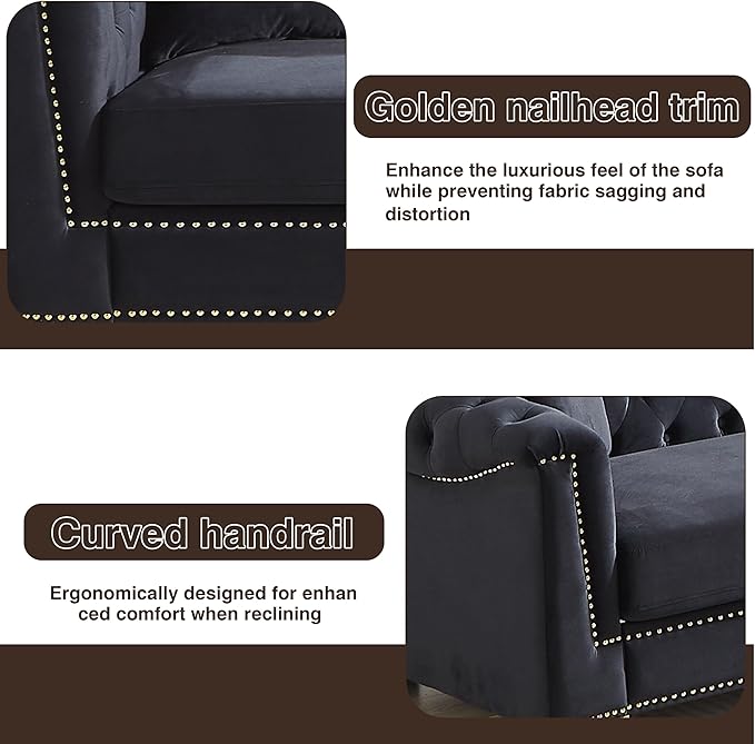 KEIKI 62" Chesterfield Sofa, Retro Style Upholstered 2 Seat Sofa, Rolled Arm Tucked-in Nailhead Decor Cloud Couch for Living Room Bedroom Office, Black