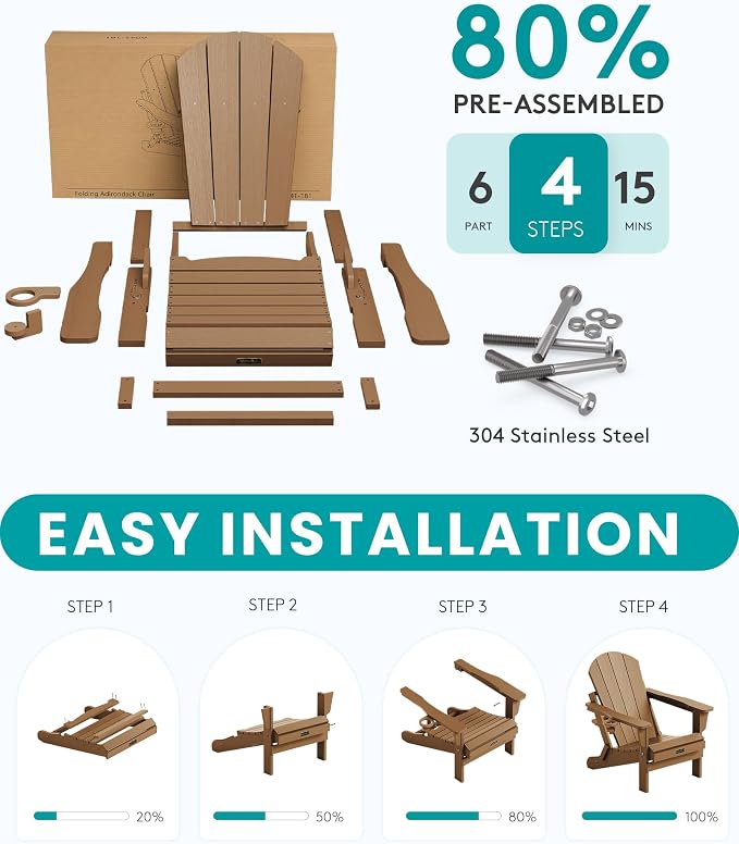 SERWALL Folding Adirondack Chair Set of 6, Wooden Textured Lawn Chair with Cup Holder for Patio Garden Weather Resistant Outdoors Fire Pit Chairs- Brown - Image 3