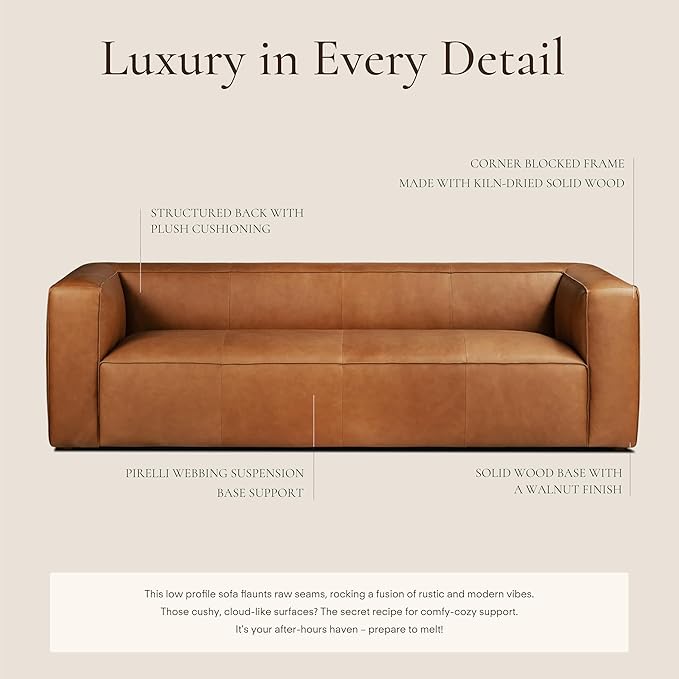 Poly & BARK Piazza 95” Leather Sofa in Saddle Tan – Full‑Grain Pure‑Aniline Italian Leather, Low Profile Frame, Raw Seam Detailing, Soft Tufted Cushions – Rustic Modern Centerpiece for Living Spaces