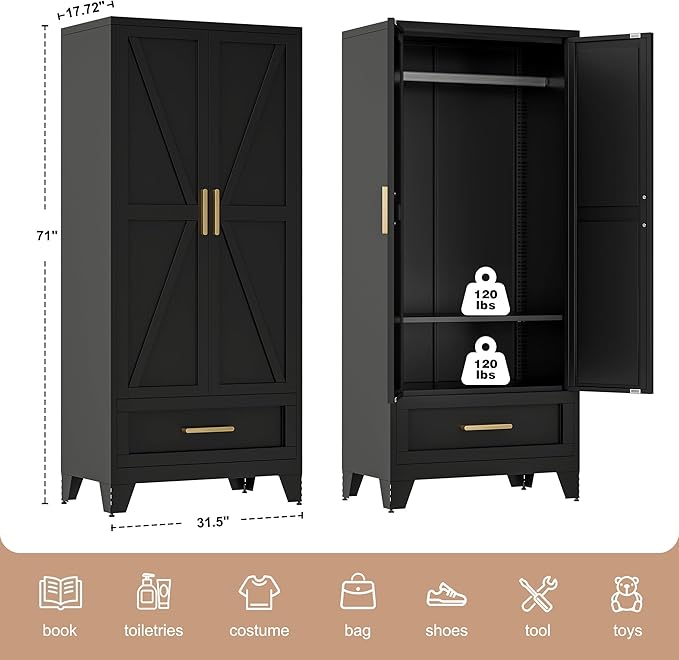 LCAOPC 71" Tall Metal Wardrobe Cabinet with Drawer and Hanging Rod, 2 Doors Armoire Wardrobe Closet with Shelf for Bedroom, Office, Laundry Room, Black