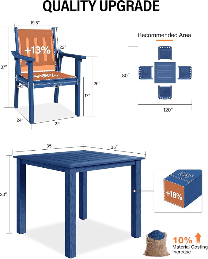 YEFU HIPS Patio Table Set: 5 Piece Outdoor Square Table and Chairs with Metal Aluminum Frame - Blue Modern Plastic Patio Dining Furniture Set 4 Person for Outside Deck - Image 5