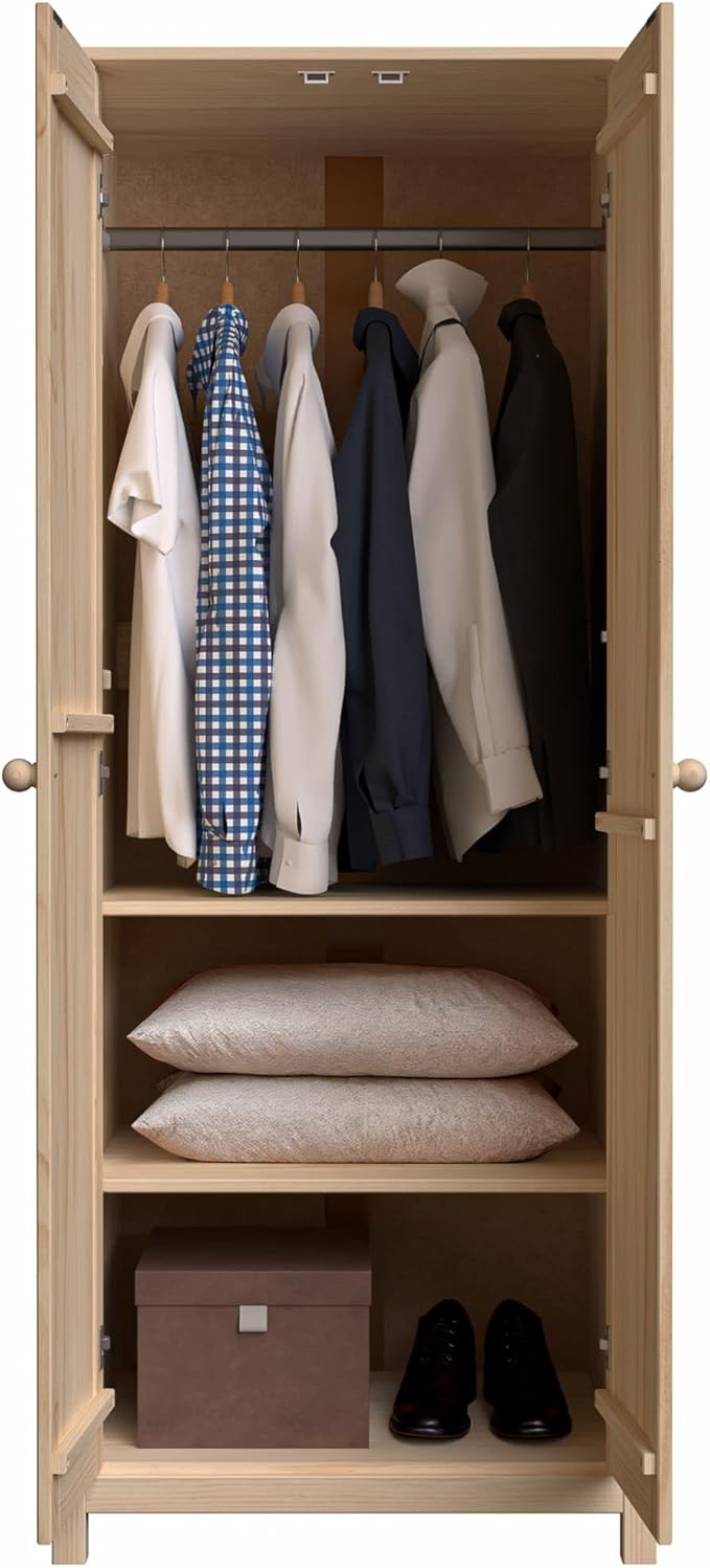 From the Tree Furniture Solid Wood Armoire – 2-Door Wardrobe Cabinet with Adjustable Shelves, Tall Bedroom Storage Closet, Unfinished