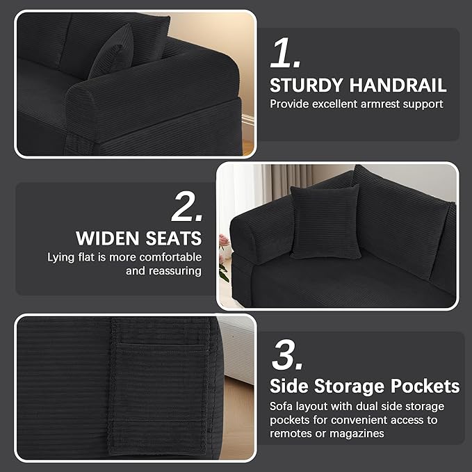 83" Modern Sofa in a Box, No Assembly Oversized 3 Seater 28" Deep Seat Cloud Sofa Bed Couch with 4 Furry Pillows & Corduroy Fabric, Boneless Couch with Side Storage Pockets for Living Room, Black