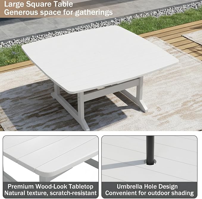 Outdoor Dining Set, HDPE 9-Piece Patio Table and Chairs Set, All-Weather Outdoor Dining Table Set for 8 with Umbrella Hole, Durable Patio Furniture Set with Chairs,White - Image 5