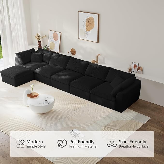 Modular Sectional Sofa Boneless Cloud Couch for Living Room, L Shape Deep Seat Recliner Sofa with Ottoman, Adjustable Backrest & 2 Throw Pillows - Covers Washable, (Black, 5 Seater+1 Ottoman)