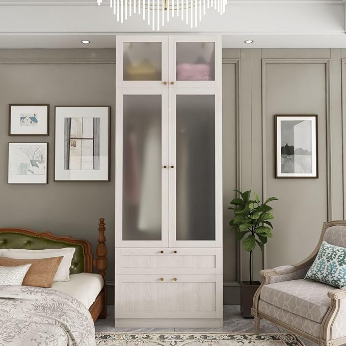 2 Door Wardrobe Armoire Closet with Hanging Rod & 2 Drawers, Bedroom Armoire with Frosted Glass Doors, Top Cabinet & Gold Knobs, Wood Grain, 19.9”D x 31.5”W x 86.6”H