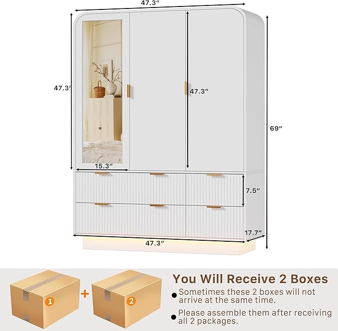 3 Door Wardrobe Closet with Mirror and LED Lights,Wooden Bedroom Armoires with Hanging Rods & Shelves, Drawers for Bedroom,Laundry Room,Cloak Room,White