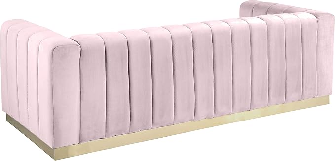 Meridian Furniture 603Pink-S Marlon Collection Modern | Contemporary Velvet Upholstered Sofa with Deep Channel Tufting, Stainless Steel Base in a Brushed Gold Finish, Pink, 86.5" W x 34" D x 28" H