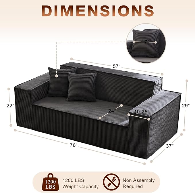 Corduroy Cloud Couch with Pillow, Premium Memory Foam, No Assembly Required, Deep Seat Sofa in Box, Space-Saving Chair for Home, Living Room, Bedroom, Apartment, Office, 3-Seater, Dark Gray