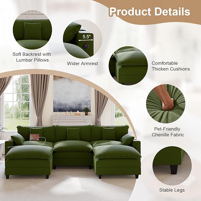 116" Modular Sectional Sofa, U Shaped Cloud Couch with Movable Ottoman, Chenille Deep Seat Cloud Sofa with Charging Station, Cup Holder, Side Pocket, Sectional Couches for Living Room, Green