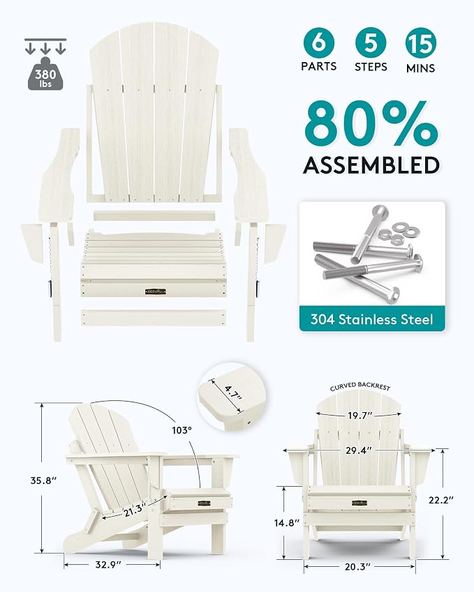SERWALL Folding Adirondack Chair Set of 6 - Folding Adirondack Chairs with Cup Holder, HIPS Outdoor Chairs Weather Resistant Fire Pit Chairs- White - Image 2