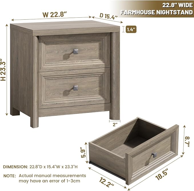 Grey Nightstand Rustic Wood Night Stand for Bedroom Living Room Sofa Couch, Farmhouse Nightstand with 2 Drawers, 22.8” Wide Large Bed Side Table, Bedside End Table with Metal Knob, Gray Color - Image 3