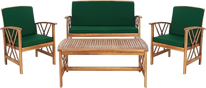 SAFAVIEH Outdoor Collection Fontana Natural/ Green Cushions 4-Piece Conversation Patio Set