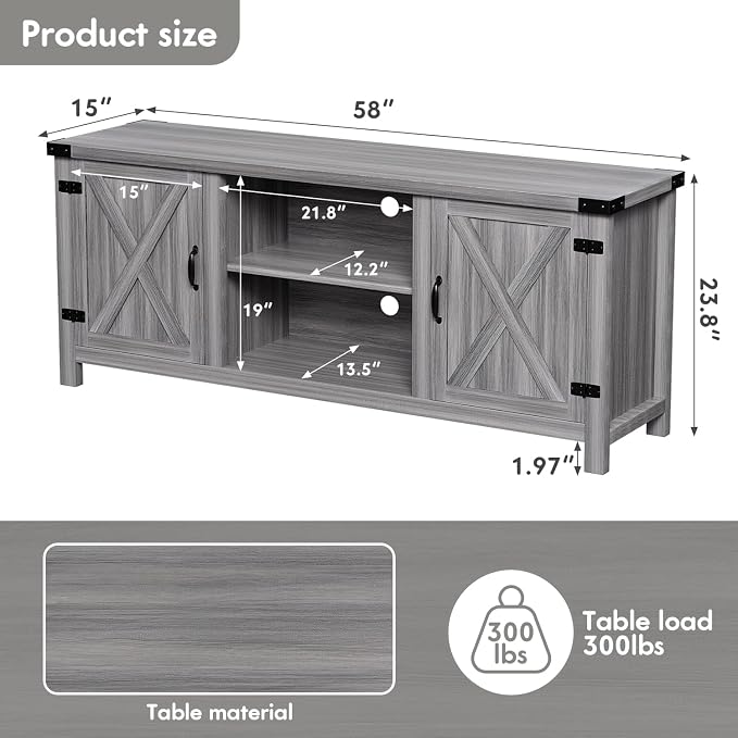 YESHOMY Modern Farmhouse TV Stand with Two Barn Doors and Storage Cabinets for Televisions up to 65+ Inch, Entertainment Center Console Table, Media Furniture for Living Room, 58 Inch, Gray Wash - Image 9