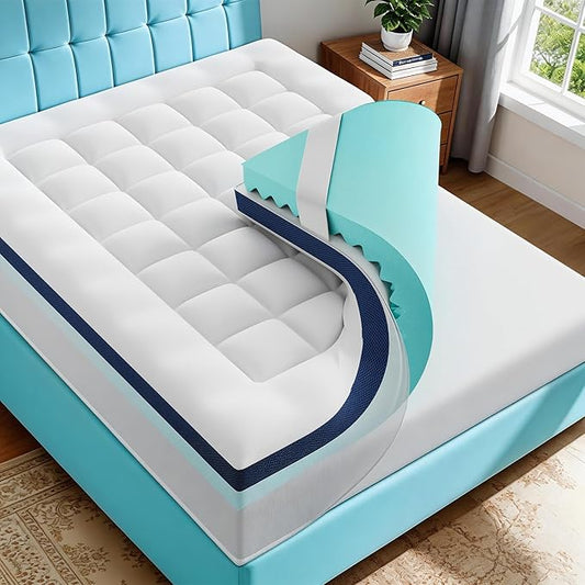 4 Inch Dual Layer Memory Foam Mattress Topper - 2 Inch 1000GSM Fluffy Soft Pillow Top Mattress Pad Cover and 2 Inch Cooling Gel Memory Foam for Back Pain Relief, with 8-21" Deep Pocket (Full,54"x75")