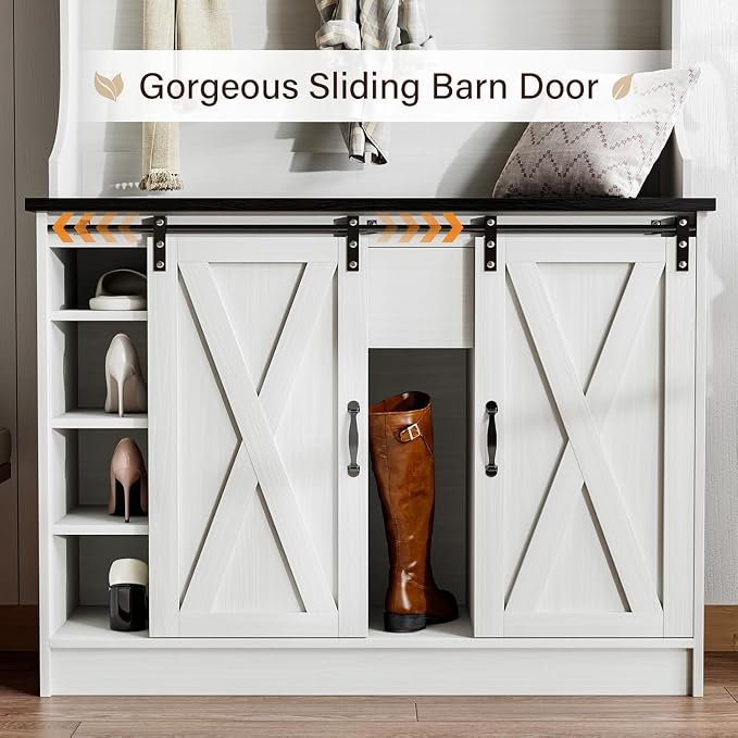 4ever2buy Farmhouse Hall Tree with Bench 5-in-1 Entryway Bench with Coat Rack with Sliding Barn Doors Entryway Coat Rack with Shoe Storage White - Image 5