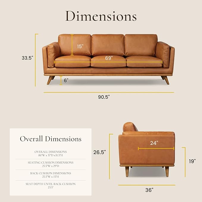Poly & BARK Cadiz 90" Sofa – Saddle Tan Full-Grain Pure-Aniline Italian Leather, Feather-Down Cushions, Solid Rubberwood Base & Legs - Saddle Tan