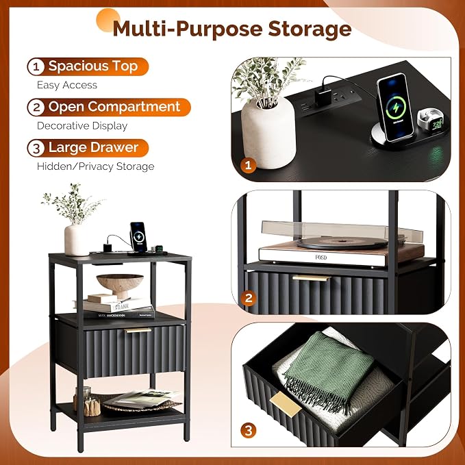 Bonnlo Fluted Nightstand with Charging Station, End Table with Fabric Drawer, Night Stand with Storage Shelf & Handle, Fluted Side Table for Bedroom/Living Room, Black - Image 6