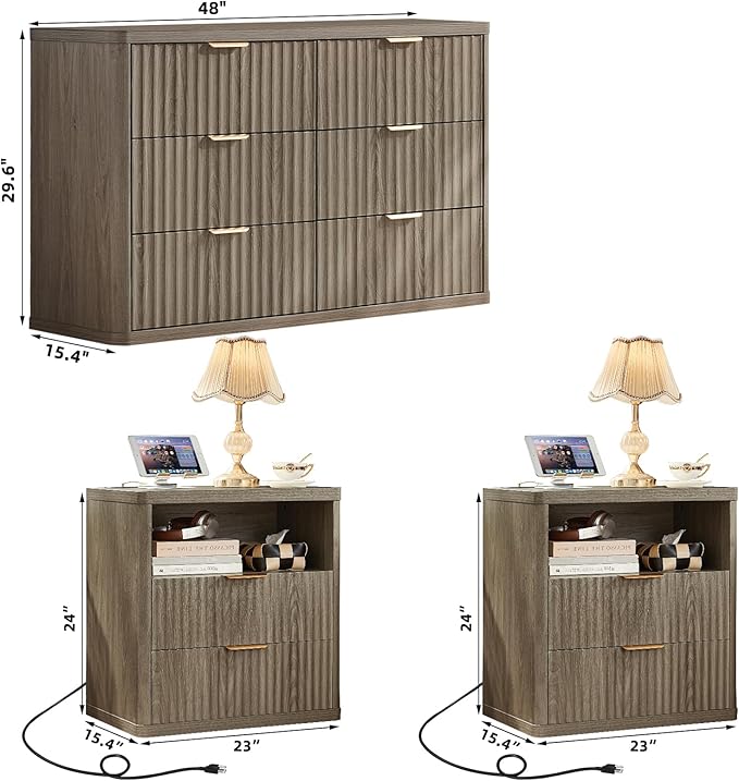 LEYAOYAO 48" Wide Fluted Dresser and 2 Drawers 23" Nightstand Set of 2, Wooden Dresser & Night Stand with Charging Station, 3 Piece Bedroom Furniture Set, Wood Chest of Drawer for Living Room,Grey