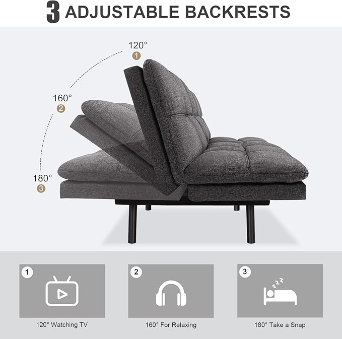 Vipbear Futon Sofa Bed Couch, 71" Convertible Sofa Bed, Space-Saving Loveseat with Adjustable Backrest & Armrest for Living Room,Apartment,Office, Grey Sleeper Sofa