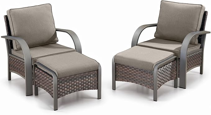 Belord 4 Pieces Wicker Patio Furniture Set Outdoor Patio Chairs with Ottomans All Weather Rattan Outdoor High Back Deep Seating Furniture for Porch Deck Sunroom Backyard