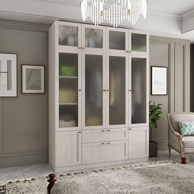 4 Door Wardrobe Armoire Closet with Hanging Rods & 2 Drawers, Bedroom Armoire with Frosted Glass Doors, Top Cabinets & Gold Handles, Wood Grain, 19.7”D x 63”W x 86.6”H