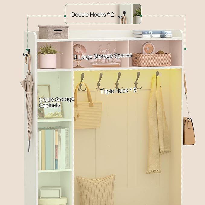 Hzuaneri 47.2" Hall Tree, LED Farmhouse Entryway Storage and Coat Rack Wood, Entryway Furniture with 7 Hooks, Hall Tree with Bench and Storage, 6 Storages Partitions Shoe Bench, Rustic White HT24514X - Image 6
