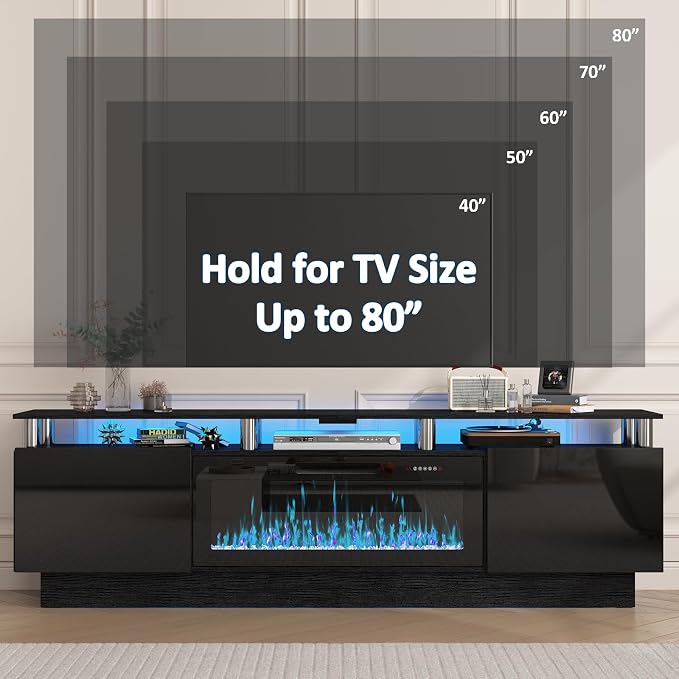 PUKAMI 80" Fireplace TV Stand with 36" Electric Fireplace, LED Light Entertainment Center with Storage, 2 Tier Modern Wood Media TV Console with Highlight Cabinet for Living Room, Black - Image 3