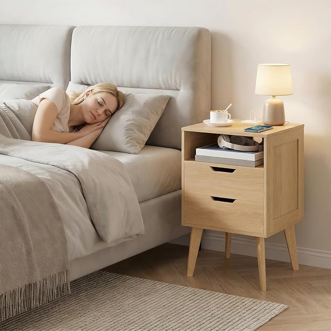 MAHANCRIS Natural Nightstand with Charging Station, Modern Bedside Table with 2 Storage Drawers, Open Storage, Night Stand with Solid Wood Legs, for Bedroom, End Side Table for Small Spaces, ETNA69E01 - Image 3