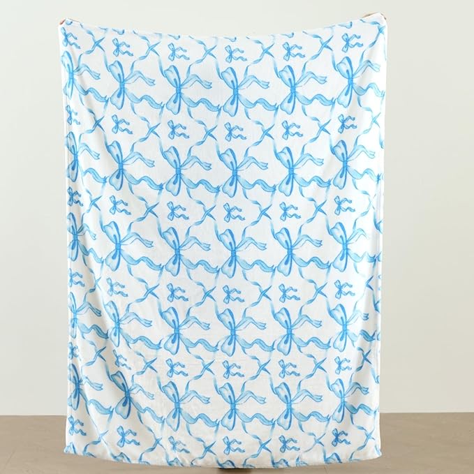 Blue Bow Throw Blanket ?€? 50x60 Inch Soft Fleece Blanket for Girls and Women, Coquette Aesthetic Room Decor for Bed, Couch, Chair, Preppy Bedroom or Gift, Cute Pink Bow Decor Blanket