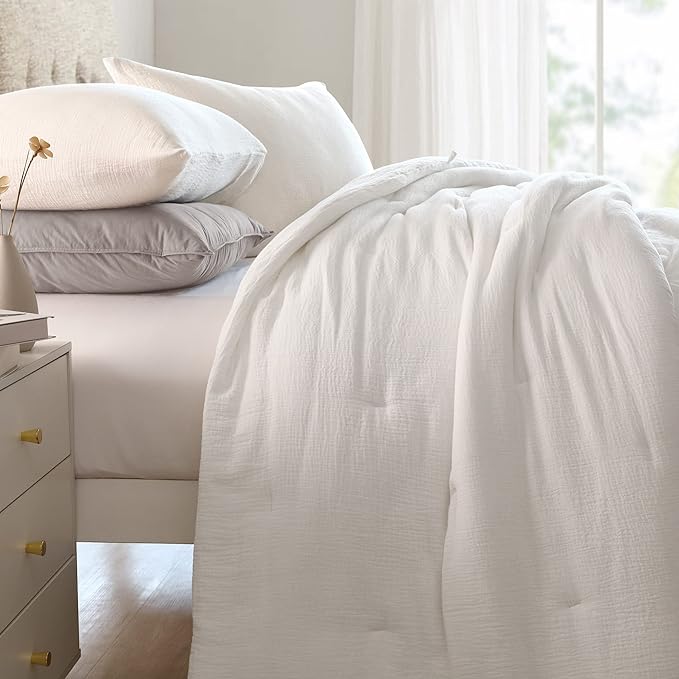 Hombys 100% Cotton Muslin Oversized King 120x120, Lightweight and Breathable Down Alternative, Soft Gauze Summer Bed Comforter, Off White Reversible Fluffy Duvet Insert