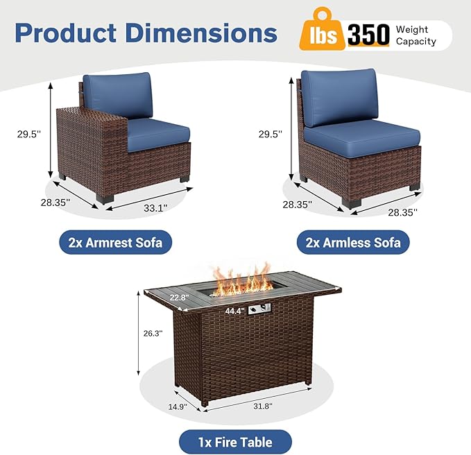 5 Piece Patio with Fire Pit Table, Wide Armrest Modular Outdoor Conversation Brown PE Wicker Rattan Sectional Sofa, 4" Thickened Cushion, Navy Blue