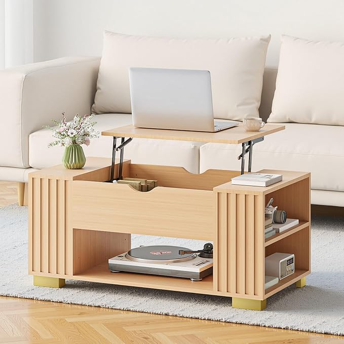 COMHOMA Lift Top Coffee Tables for Living Room, 39" Center Table with Hidden Storage Compartment, Adjustable Wooden Tea Table for Small Spaces, Light Oak