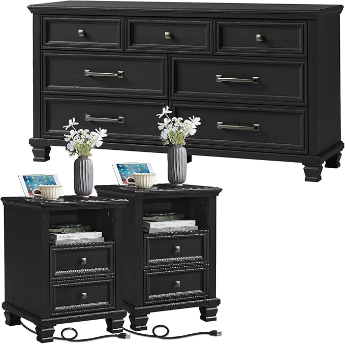 SAVOR LIFE Farmhouse Bedroom Dresser and Nightstand Set 3, 7 Drawer Dresser & 2 Drawer Nightstand Set, Rustic Wood Bedroom Furniture Set for Home, Hallway, Black