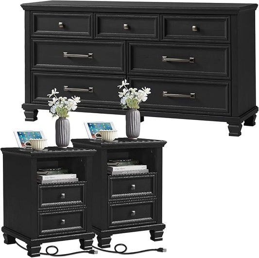 SAVOR LIFE Farmhouse Bedroom Dresser and Nightstand Set 3, 7 Drawer Dresser & 2 Drawer Nightstand Set, Rustic Wood Bedroom Furniture Set for Home, Hallway, Black
