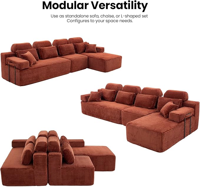 136" L Shaped Cloud Modular Sectional Sofa with Chaise & Headrest, Boneless Deep Seat Plush Corduroy Couches for Large Living Room, No Assembly Required (Orange, 136" L-shapred Chaise)