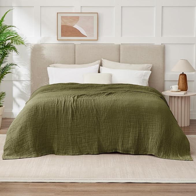 100% Cotton Muslin Blanket California King 120" x 90", 6 Layers Breathable and Lightweight Oversized Blankets for Bed, Soft Cooling Gauze Blanket for Adults All Season, Olive Green