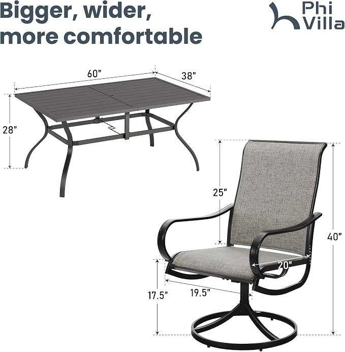 PHI VILLA 7 PCS Patio Dining Set, Rectangle Metal Table with 1.57" Umbrella Hole and 6 High Back Textilene Swivel Chairs, Suitable for All Weather - Image 8
