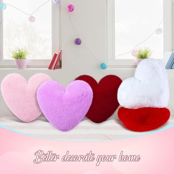 Liliful 6 Pcs Faux Rabbit Fur Heart Pillows Fluffy Heart Throw Pillows Cute Couch Cushion Soft Decorative Throw Cushion for Bed Sofa Girls Women(12 x 11 Inch,Cute Color)