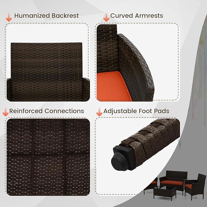 DORTALA Wicker Patio Furniture Set 4 Piece, Outdoor PE Rattan Table & Chairs Set with Tempered Glass Coffee Table, Loveseat, Cushions, Conversation Set for Balcony, Porch, Backyard, Deck, Orange
