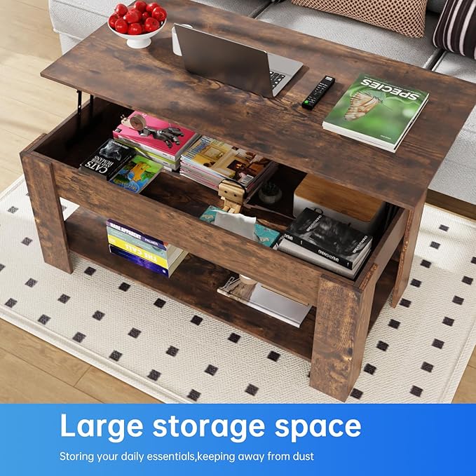 PayLessHere Coffee Table Lift Top Coffee Tables with Hidden Compartment and Storage Shelf Wooden Lift Tabletop Dining Table for Living Room Home (Brown, 47" D x 31" W x 25" H)