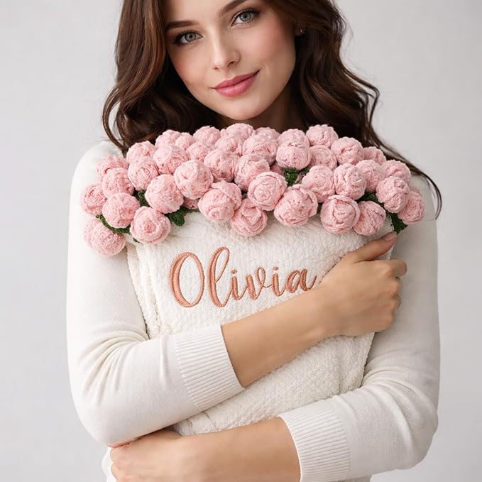 Personalized Handmade Crochet Rose Flower Blanket Bouquet – Custom Name Gift for Mother's Day, Valentine’s Day, Mom or Girlfriend（Pink）