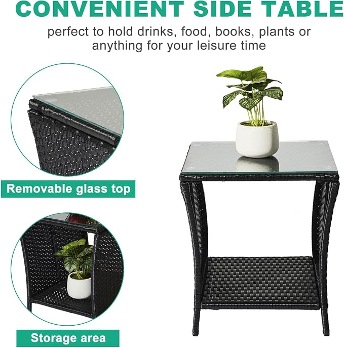 VINGLI Outdoor Wicker Side Table Patio Side Tables for Outside, Tempered Glass Top Wicker Table with Storage End Table for Balcony Porch Deck (Black) - Image 5