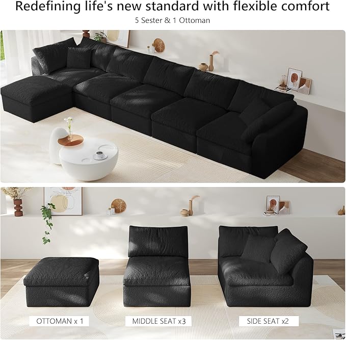 Modular Sectional Sofa Boneless Cloud Couch for Living Room, L Shape Deep Seat Recliner Sofa with Ottoman, Adjustable Backrest & 2 Throw Pillows - Covers Washable, (Black, 5 Seater+1 Ottoman)